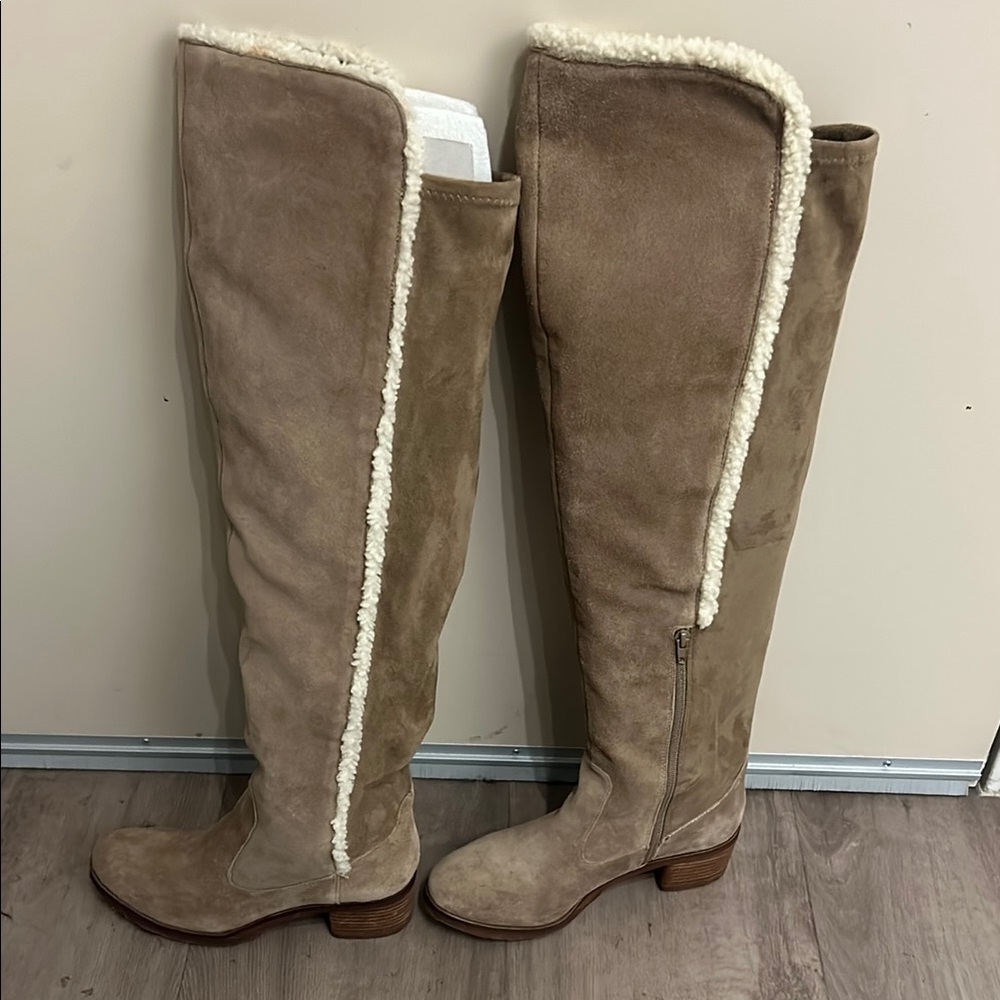 Tan Suede Over-the-Knee Boots with Shearling Trim
